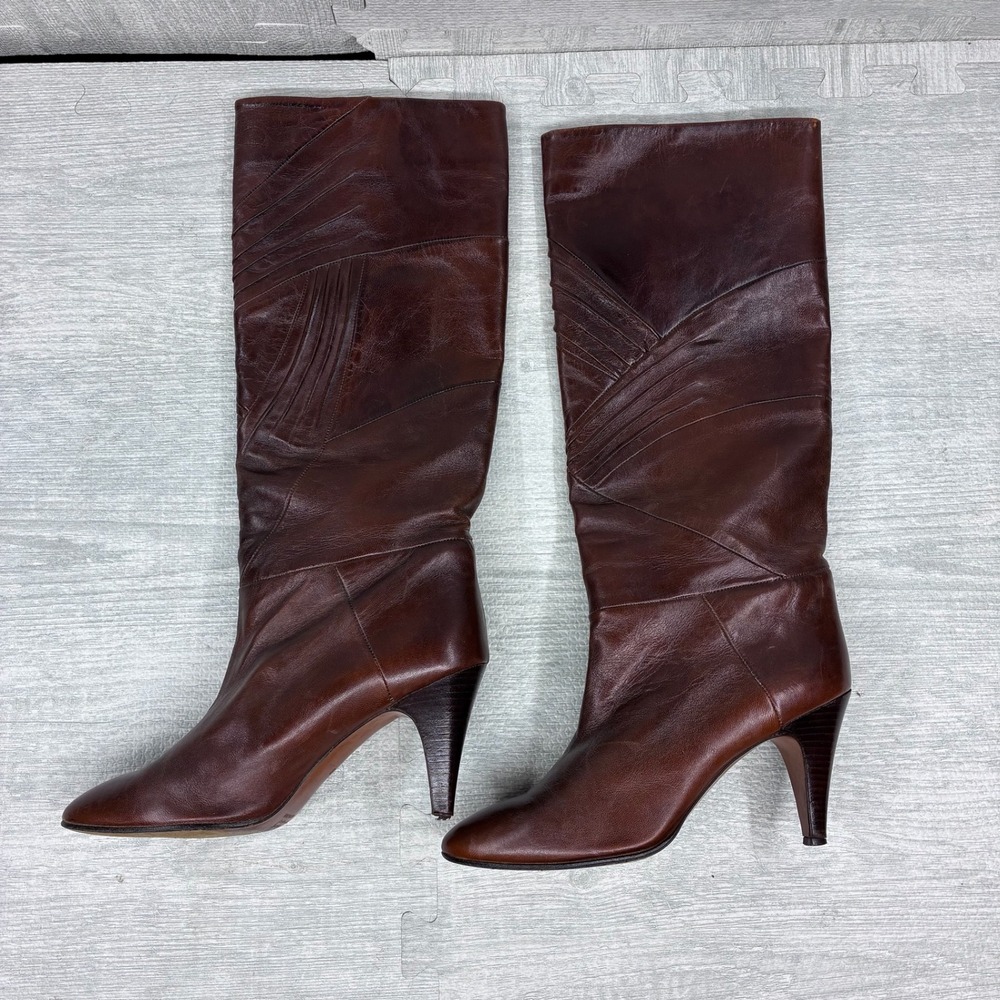 Vintage Neiman Marcus Curio Boots Women's 8 Brown Leather Pleated Heeled Spain